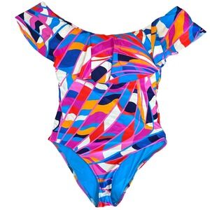 Trina Turk Womens Abstract Ruffle Off Shoulder One Piece Swimsuit Multi Color